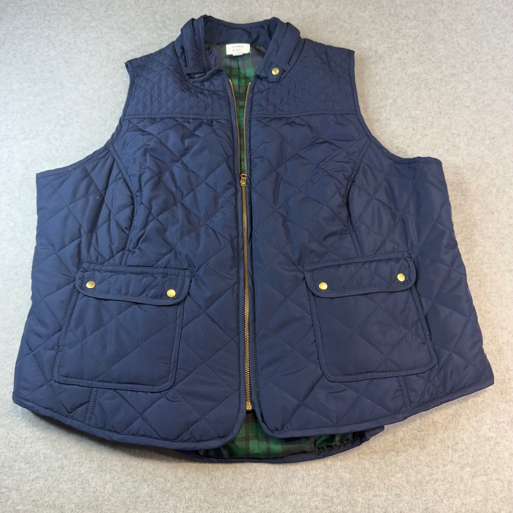 Crown & Ivy Navy Blue Quilted Vest Plaid Lining Gold Hardware 2X